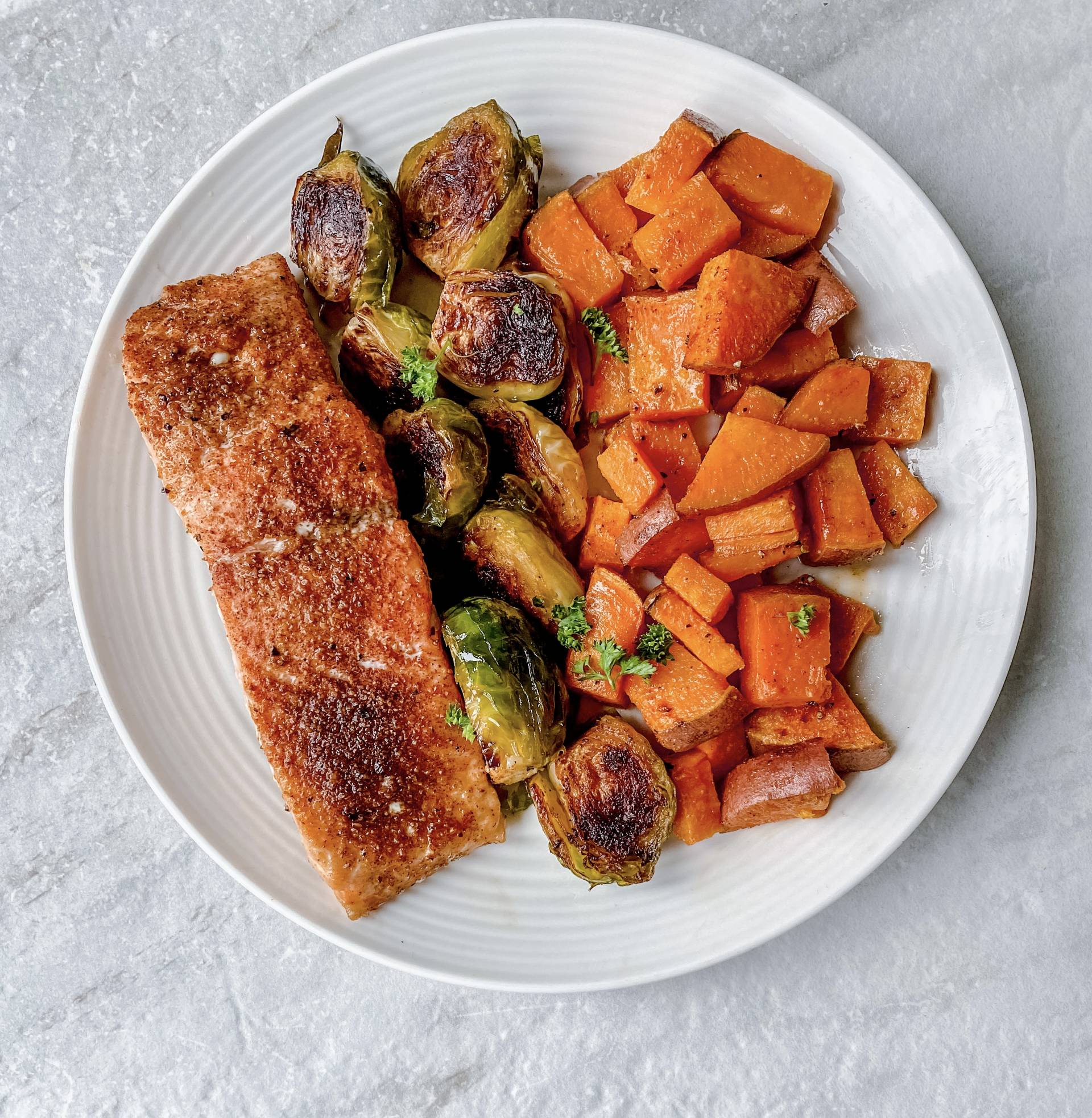 Blackened salmon with sweet potatoes and honey balsamic brussels sprouts